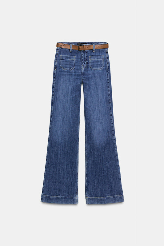 JEANS 70's FLARE DE CINTURA SUBIDA COM CINTO