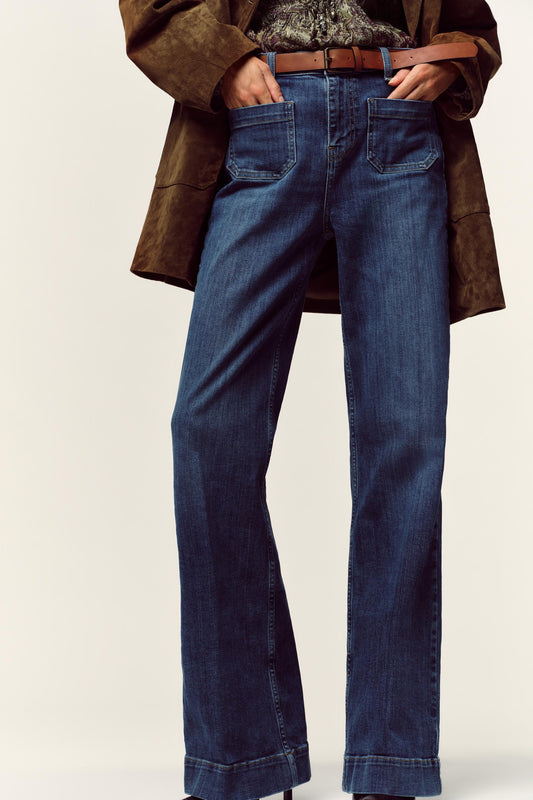 JEANS 70's FLARE DE CINTURA SUBIDA COM CINTO