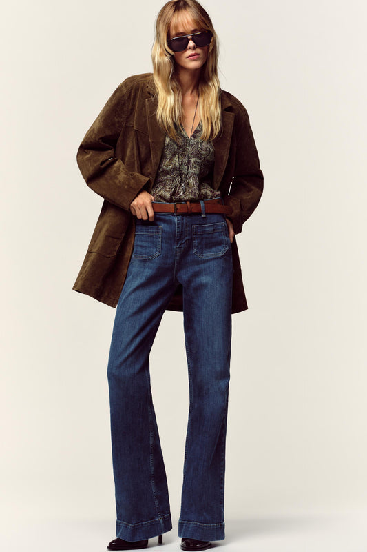 JEANS 70's FLARE DE CINTURA SUBIDA COM CINTO